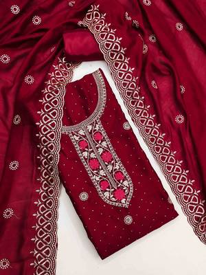 maroon silk blend embroidered unstitched dressmaterials 3 pair top bottom dupptaa 1