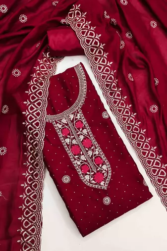 maroon silk blend embroidered unstitched dressmaterials 3 pair top bottom dupptaa