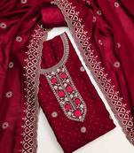 maroon silk blend embroidered unstitched dressmaterials 3 pair top bottom dupptaa
