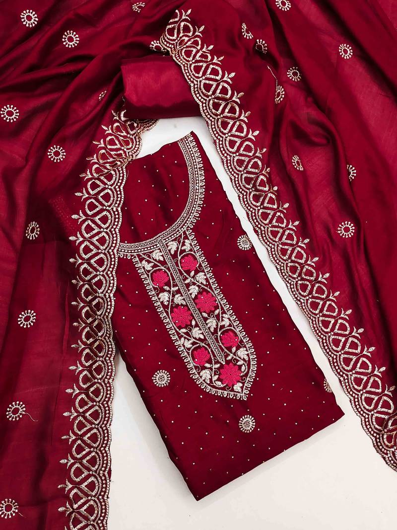 maroon silk blend embroidered unstitched dressmaterials 3 pair top bottom dupptaa