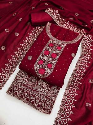 maroon silk blend embroidered unstitched dressmaterials 3 pair top bottom dupptaa 2