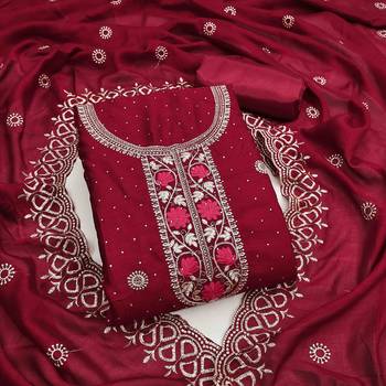 maroon silk blend embroidered unstitched dressmaterials 3 pair top bottom dupptaa 3