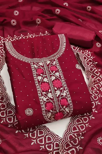 maroon silk blend embroidered unstitched dressmaterials 3 pair top bottom dupptaa