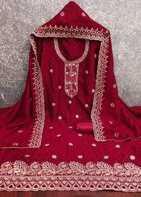 maroon silk blend embroidered unstitched dressmaterials 3 pair top bottom dupptaa 4