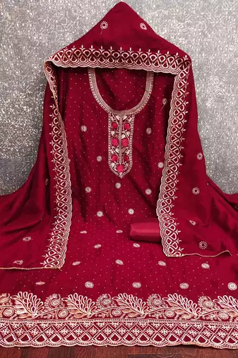 maroon silk blend embroidered unstitched dressmaterials 3 pair top bottom dupptaa