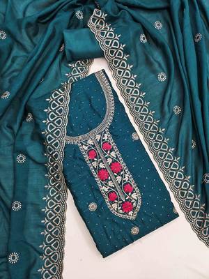 indigo silk blend embroidered unstitched dressmaterials 3 pair top bottom dupptaa 1