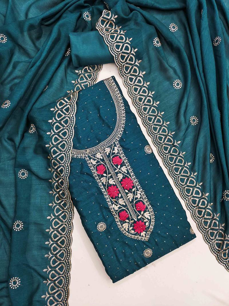 indigo silk blend embroidered unstitched dressmaterials 3 pair top bottom dupptaa