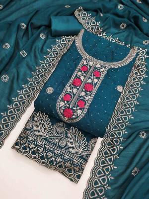 indigo silk blend embroidered unstitched dressmaterials 3 pair top bottom dupptaa 2