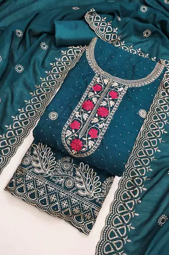 indigo silk blend embroidered unstitched dressmaterials 3 pair top bottom dupptaa