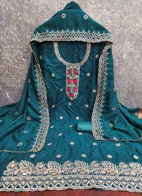 indigo silk blend embroidered unstitched dressmaterials 3 pair top bottom dupptaa 4