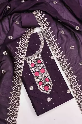 wine silk blend embroidered unstitched dressmaterials 3 pair top bottom dupptaa