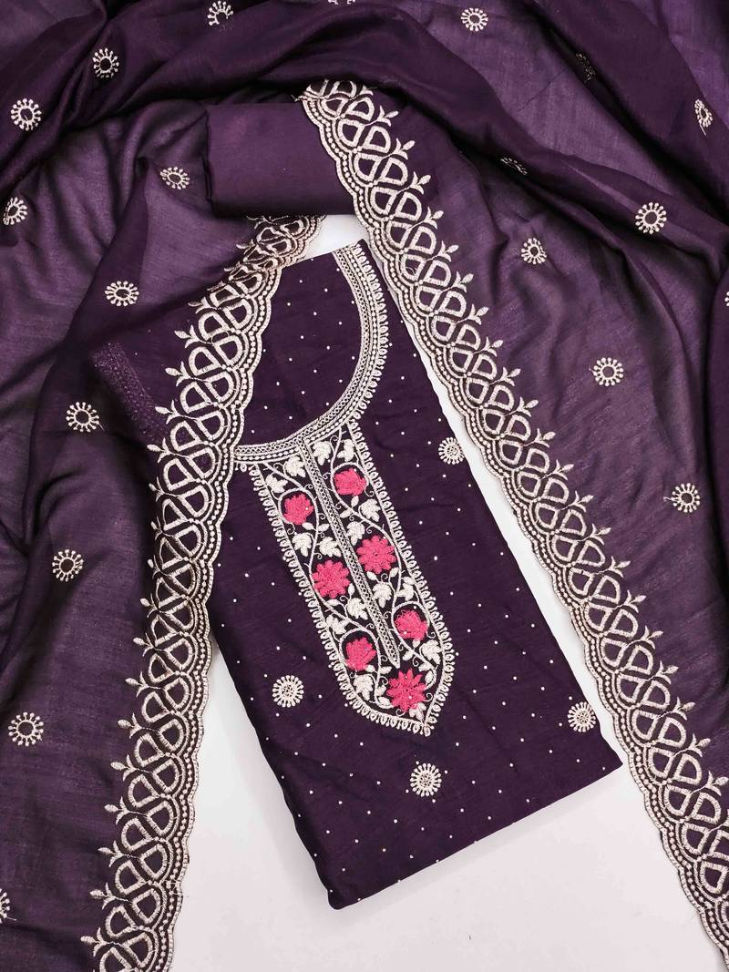 wine silk blend embroidered unstitched dressmaterials 3 pair top bottom dupptaa