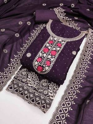 wine silk blend embroidered unstitched dressmaterials 3 pair top bottom dupptaa 2
