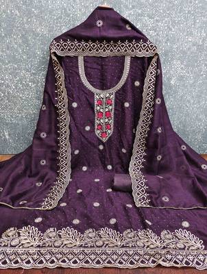 wine silk blend embroidered unstitched dressmaterials 3 pair top bottom dupptaa 4
