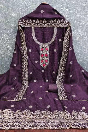 wine silk blend embroidered unstitched dressmaterials 3 pair top bottom dupptaa