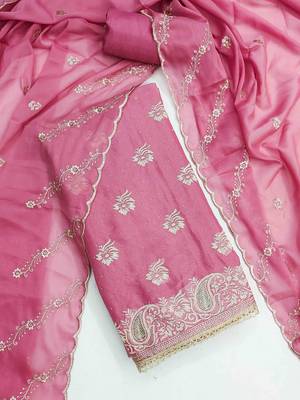 pink georgette embroidered unstitched dressmaterials 3 pair top bottom dupptaa 1