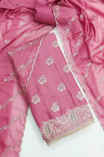 pink georgette embroidered unstitched dressmaterials 3 pair top bottom dupptaa
