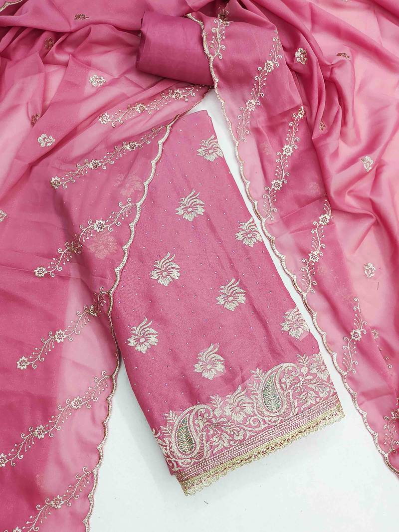 pink georgette embroidered unstitched dressmaterials 3 pair top bottom dupptaa