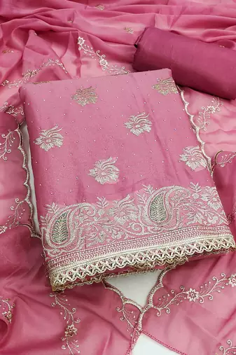 pink georgette embroidered unstitched dressmaterials 3 pair top bottom dupptaa