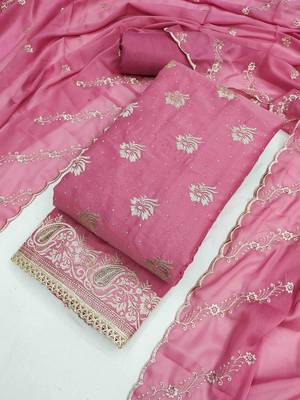 pink georgette embroidered unstitched dressmaterials 3 pair top bottom dupptaa 3