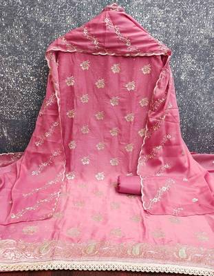pink georgette embroidered unstitched dressmaterials 3 pair top bottom dupptaa 4