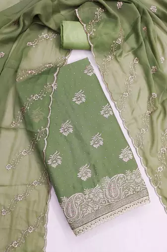 sea green georgette embroidered unstitched dressmaterials 3 pair top bottom dupptaa