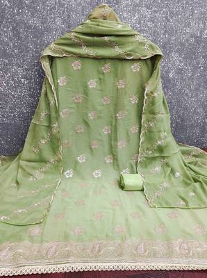 sea green georgette embroidered unstitched dressmaterials 3 pair top bottom dupptaa 4