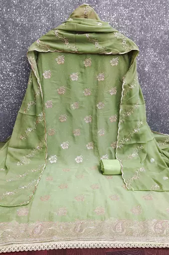 sea green georgette embroidered unstitched dressmaterials 3 pair top bottom dupptaa