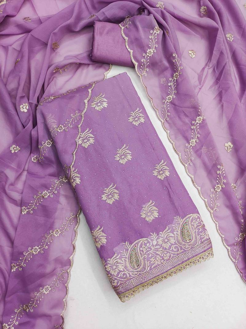 purple georgette embroidered unstitched dressmaterials 3 pair top bottom dupptaa