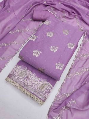 purple georgette embroidered unstitched dressmaterials 3 pair top bottom dupptaa 3