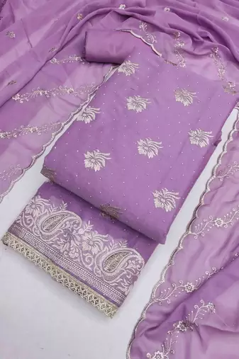 purple georgette embroidered unstitched dressmaterials 3 pair top bottom dupptaa