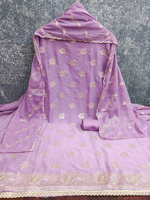 purple georgette embroidered unstitched dressmaterials 3 pair top bottom dupptaa 4