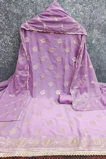 purple georgette embroidered unstitched dressmaterials 3 pair top bottom dupptaa