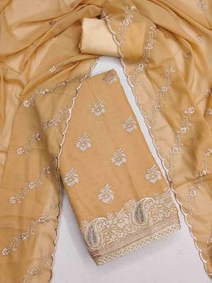 yellow georgette embroidered unstitched dressmaterials 3 pair top bottom dupptaa 1