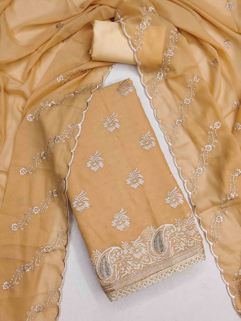 yellow georgette embroidered unstitched dressmaterials 3 pair top bottom dupptaa