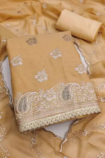 yellow georgette embroidered unstitched dressmaterials 3 pair top bottom dupptaa