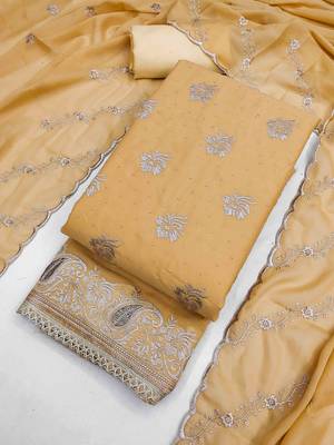 yellow georgette embroidered unstitched dressmaterials 3 pair top bottom dupptaa 3