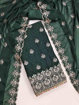 green georgette embroidered unstitched dressmaterials 3 pair top bottom dupptaa 1