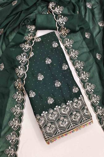 green georgette embroidered unstitched dressmaterials 3 pair top bottom dupptaa