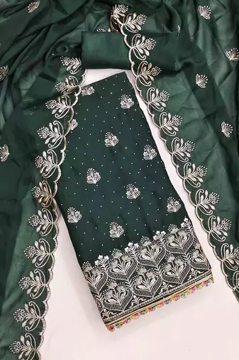 green georgette embroidered unstitched dressmaterials 3 pair top bottom dupptaa