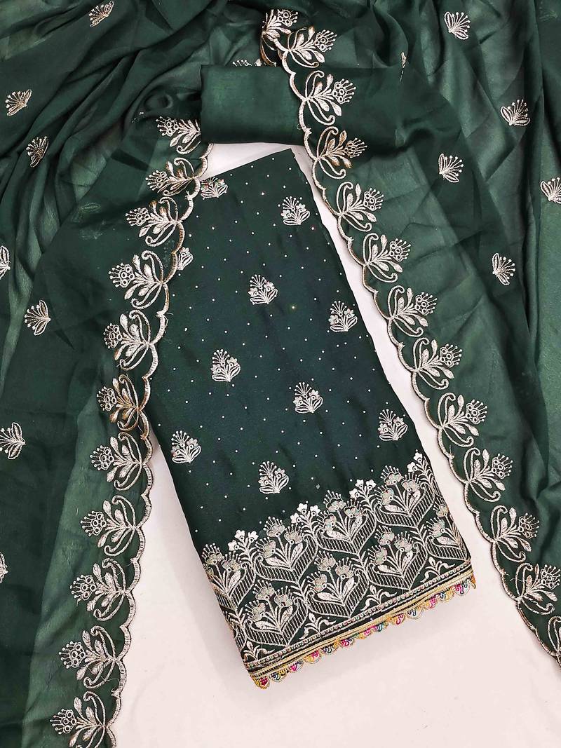 green georgette embroidered unstitched dressmaterials 3 pair top bottom dupptaa