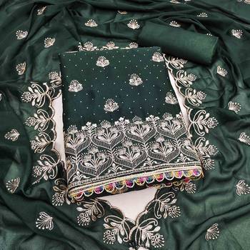 green georgette embroidered unstitched dressmaterials 3 pair top bottom dupptaa 2