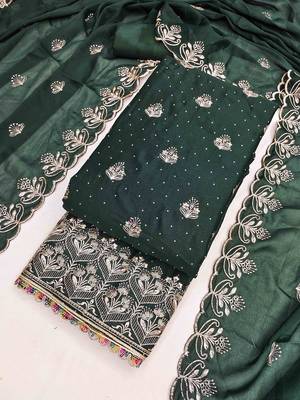 green georgette embroidered unstitched dressmaterials 3 pair top bottom dupptaa 3