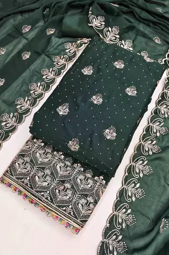 green georgette embroidered unstitched dressmaterials 3 pair top bottom dupptaa