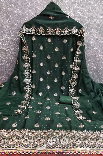 green georgette embroidered unstitched dressmaterials 3 pair top bottom dupptaa