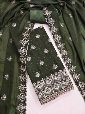 sea green georgette embroidered unstitched dressmaterials 3 pair top bottom dupptaa 1