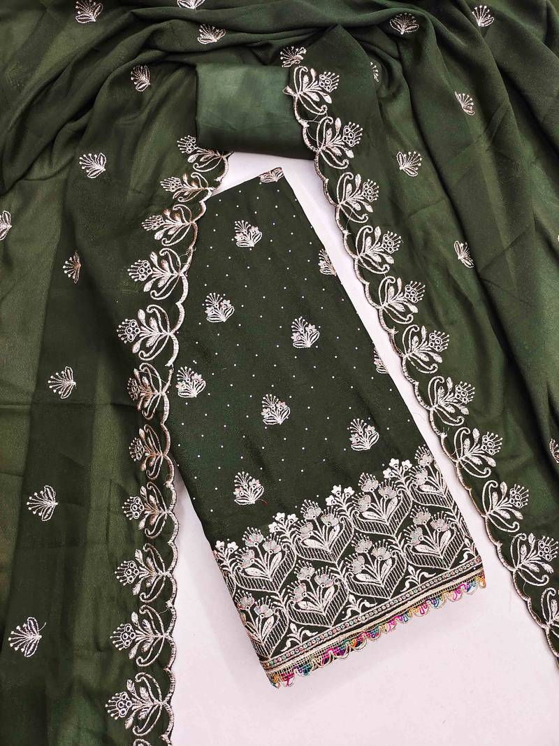 sea green georgette embroidered unstitched dressmaterials 3 pair top bottom dupptaa