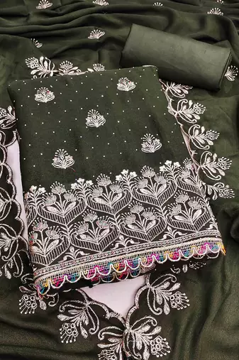 sea green georgette embroidered unstitched dressmaterials 3 pair top bottom dupptaa