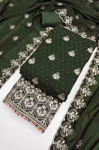 sea green georgette embroidered unstitched dressmaterials 3 pair top bottom dupptaa