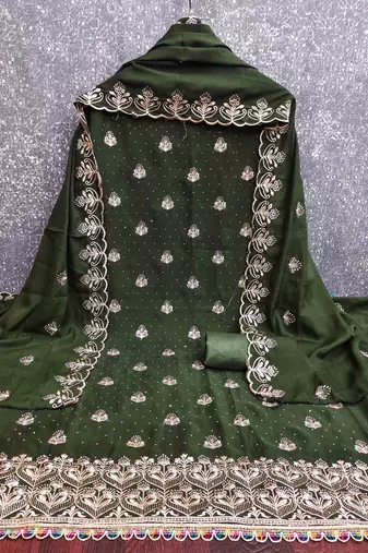 sea green georgette embroidered unstitched dressmaterials 3 pair top bottom dupptaa